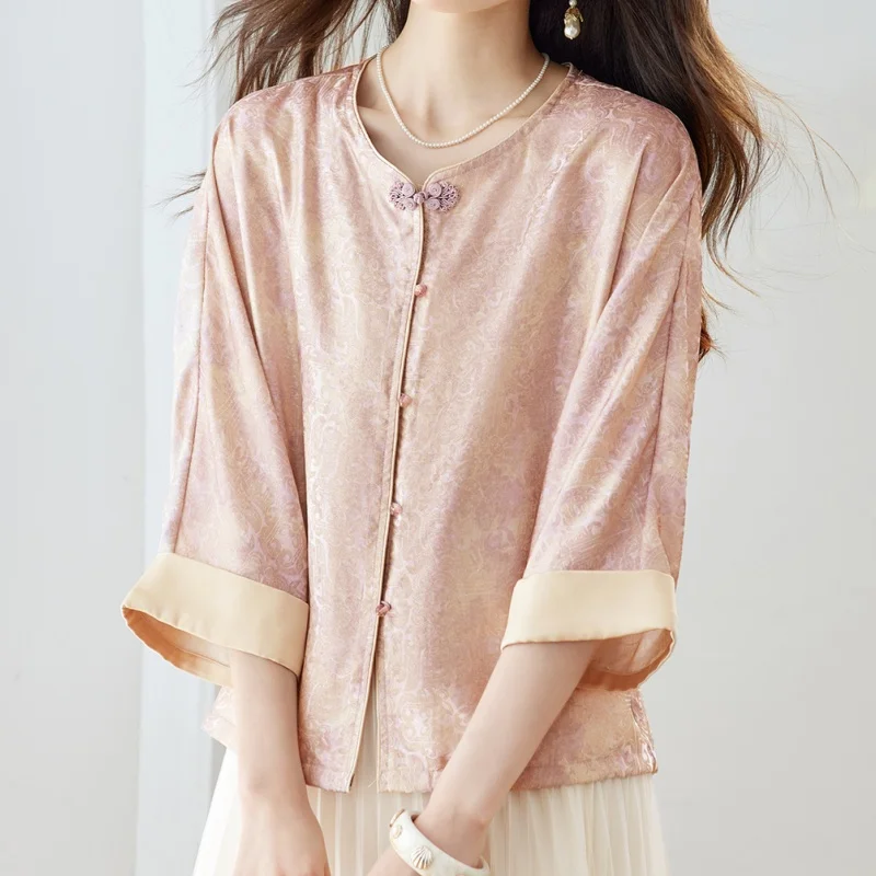 Women Elegant Jacket Casual Viscose Patch Work Three Quarter Sleeve Cheongsam Jacquard Vintage Button Blouse Round Collar Shirt