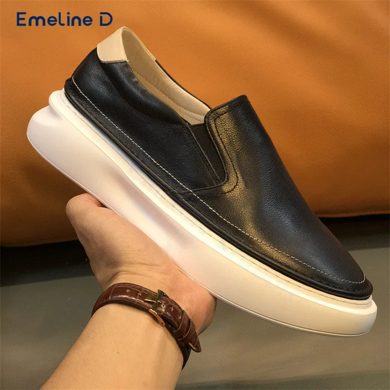 

Black Leather Thick-Soled Slip-On Shoes with Round Toe Comfortable Casual Shoes Color Matching Daily Business Men's Shoes