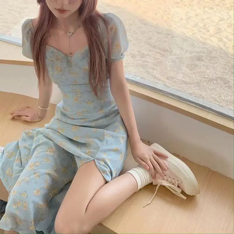 

Fashion Floral Print Puff Sleeve Dress Women Summer New Style High Waist A- Line Dress Bubble Sleeve Women Long Dress
