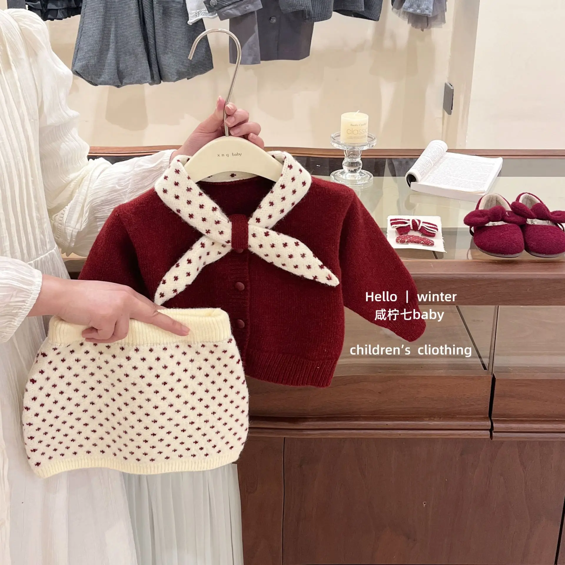 Girls' Set Spring and Autumn Winter 2026 New Style Children's Western-style Baby Knitted Red New Clothing Two-piece Set