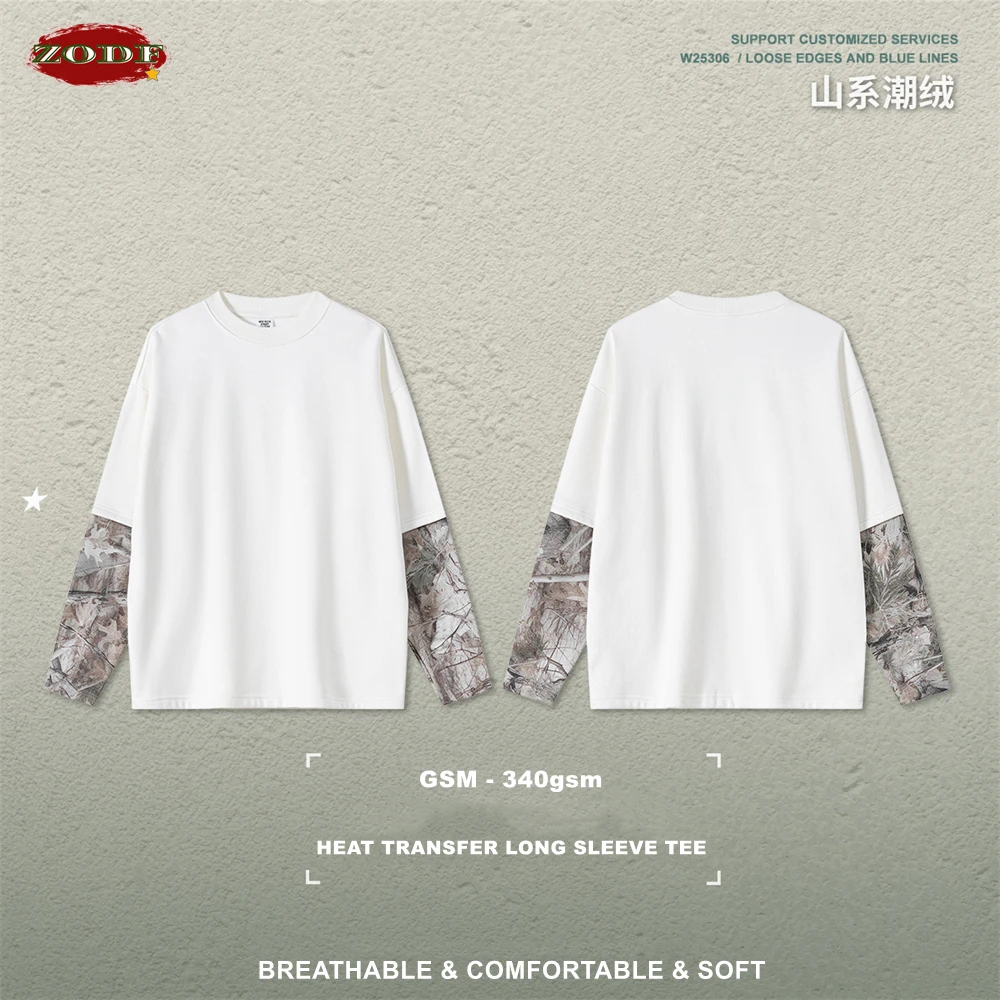 

ZODF New Autumn Man Heat Transfer Printing T-Shirt Unisex Oversized 340gsm Fake 2-Piece Long Sleeve T Shirts Brand Tops HY1113
