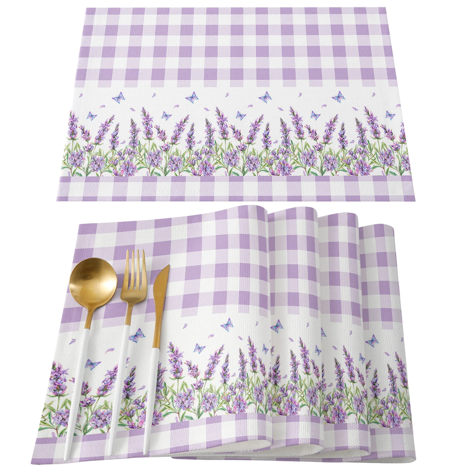 Rural Lavender Purple Plaid Kitchen Dining Table Decor Accessories 4/6pcs Placemat Heat Resistant Linen Tableware Pads Mats