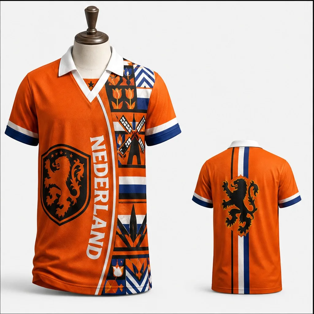 Mens Nederland Lion Tulip Windmill Graphic Semi Polo V Neck T Shirt Short Sleeve Casual Orange Dutch Pride Jersey Top Casual Fit