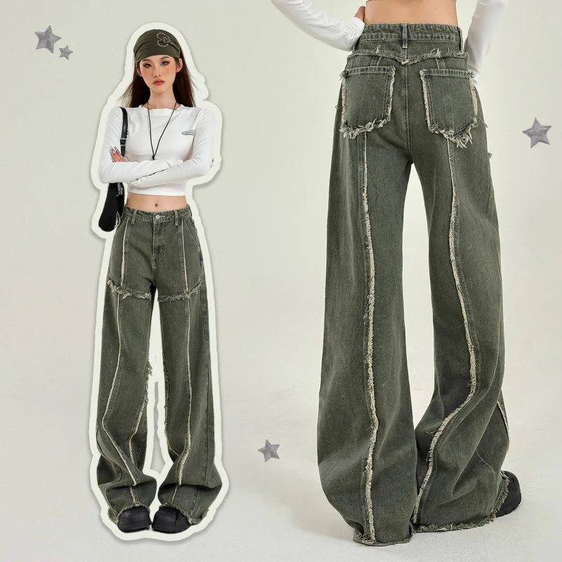 

24Autumn Street Distressed Loose Burrs Straight Jeans Women's Trendy and Thin Looking Slim-Fit Tall-Looking Wide Leg Trousers