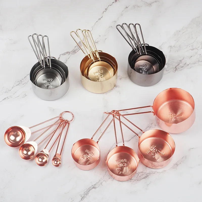 8pcs/set Rose Gold Measuring Spoons Cups Set Retro Baking Measuring Tools With Scale Stainless Steel Kitchen Accessories Gadgets