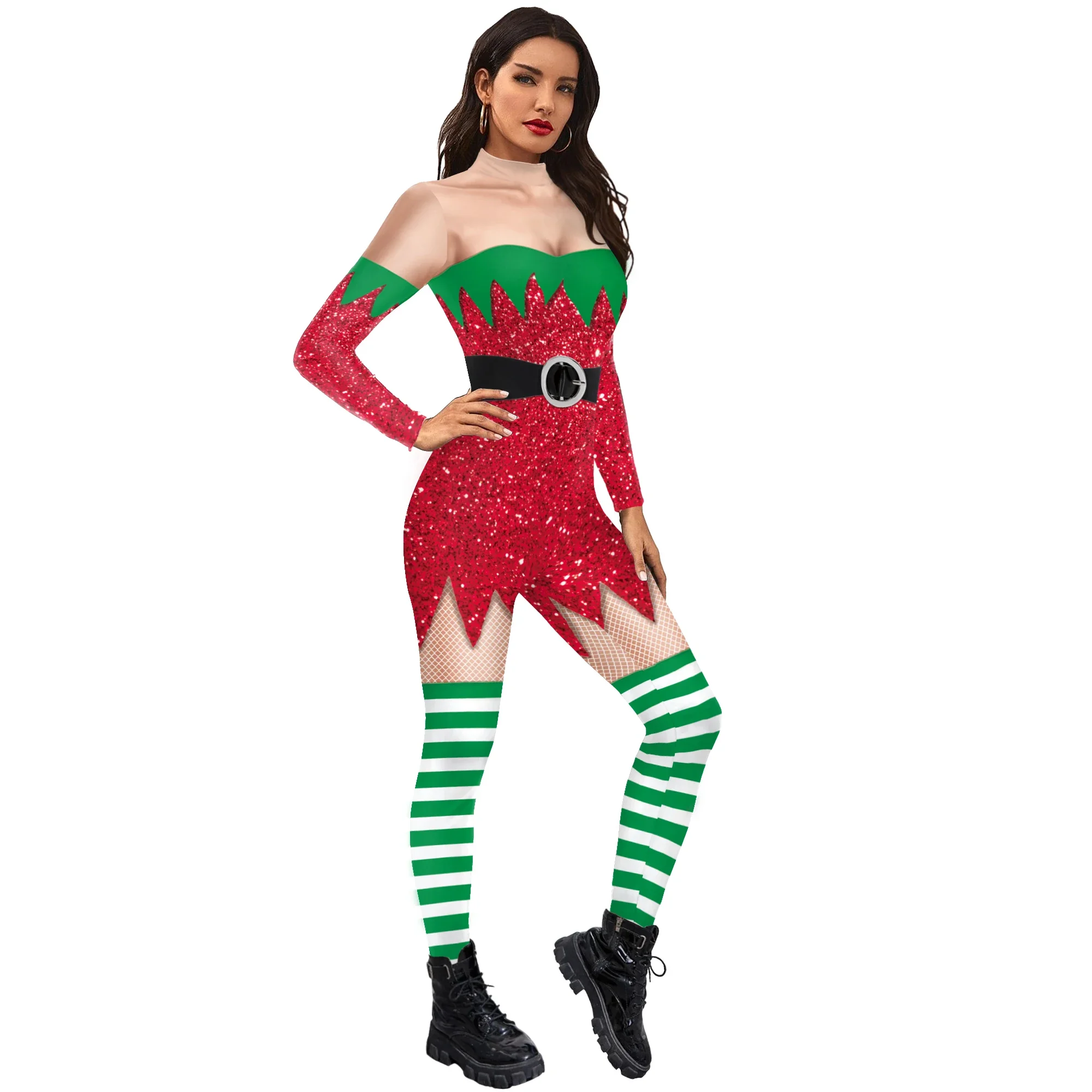 Xmas Elf Jumpsuit Christmas Cosplay Costume 3D Printing Bodysuit Party Circus Troupe Women Zentai Festival Skinny Jumpsuit