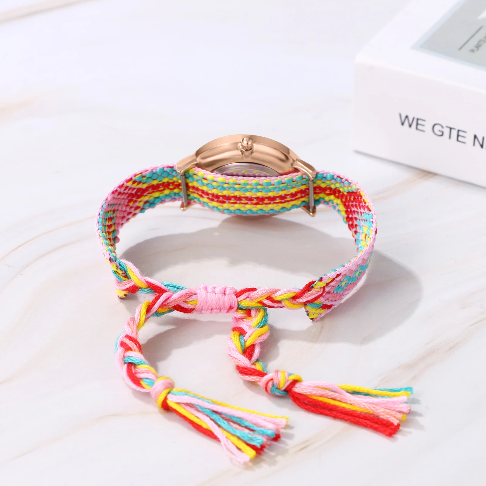 Lancarro Bohemian Ladies bracciale Watch Woven Rainbow Strap Floral Print Dial Analog Quartz Watch Girl Gift