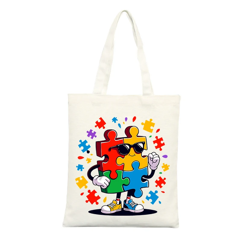 Canvas Tote Bag with Puzzle Piece Graphic, Casual Style for Daily Shopping and Outings