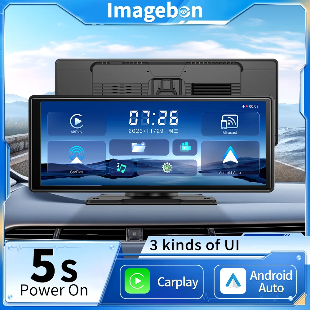 

Imagebon 10,26 "автомобильный видеорегистратор CarPlay Android Auto автомобильный радиоприемник мультимедийный видеоплеер портативный сенсорный экран с USB AUX для заднего вида