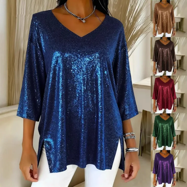 2026 Fashion Shiny Sequins Pullover Tops Women's Sexy V-neck Loose Club Party Blouse Women Elegant Half Sleeve Christmas Blouse