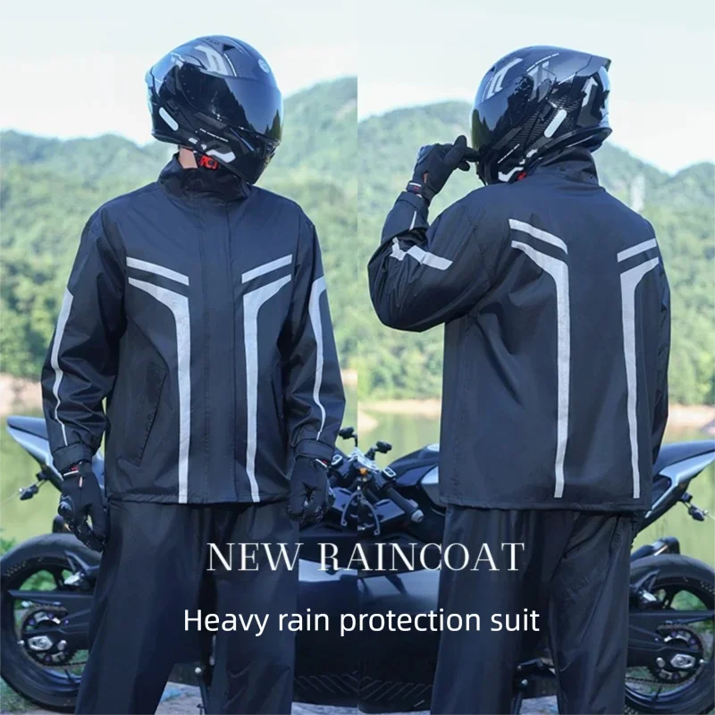 Motorcycle Rain Suit Waterproof 2 Piece Reflective Hooded Jacket and Pants Y Pattern Heavy Rain Riding Gear Men