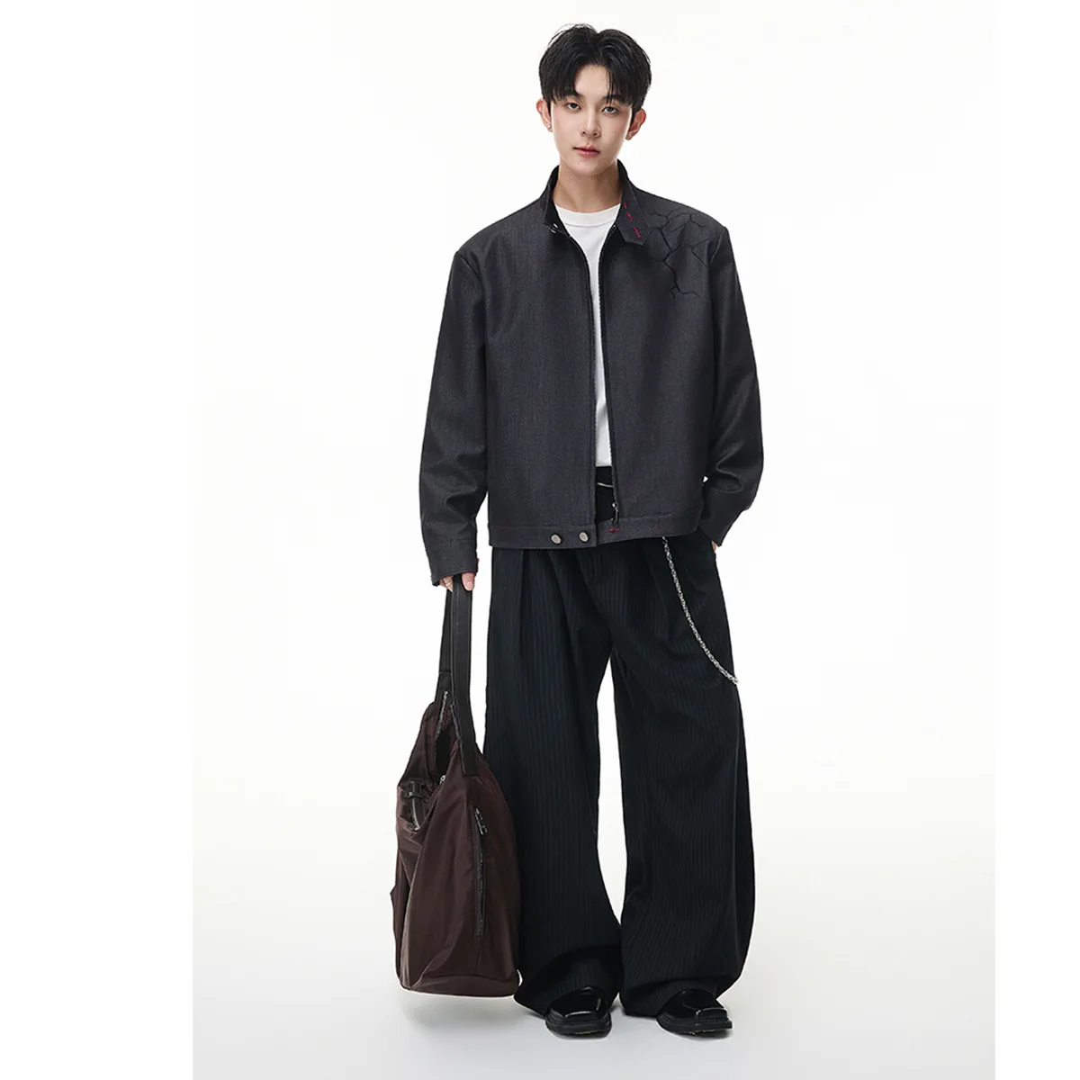 MWJLPWQ High-End Embroidery Motorcycle Stand Collar Jacket Men's American Retro Style Solid Color Lapel Detroit Coats 20910