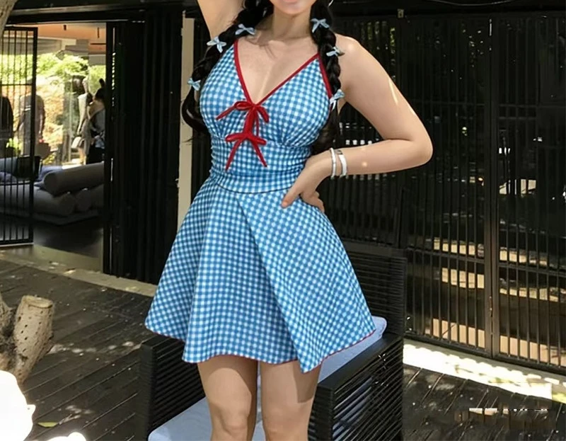 Plus Size Swimsuit One-piece Three-piece Retro Plaid Long-sleeved Sun Protection Slimming Fat Girl Hot Spring Swimsuit