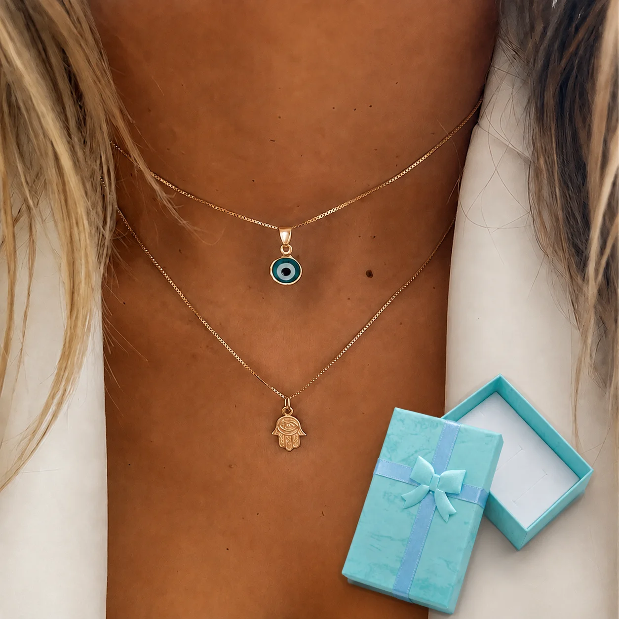 Mit Geschenkbox 2-teiliges Goldfarbenes Mehrlagiges Halsketten-Set für Frauen Böses Auge Hamsa-Hand Anhänger Vintage Boho Charm Schmuck Geschenk – Detail 1