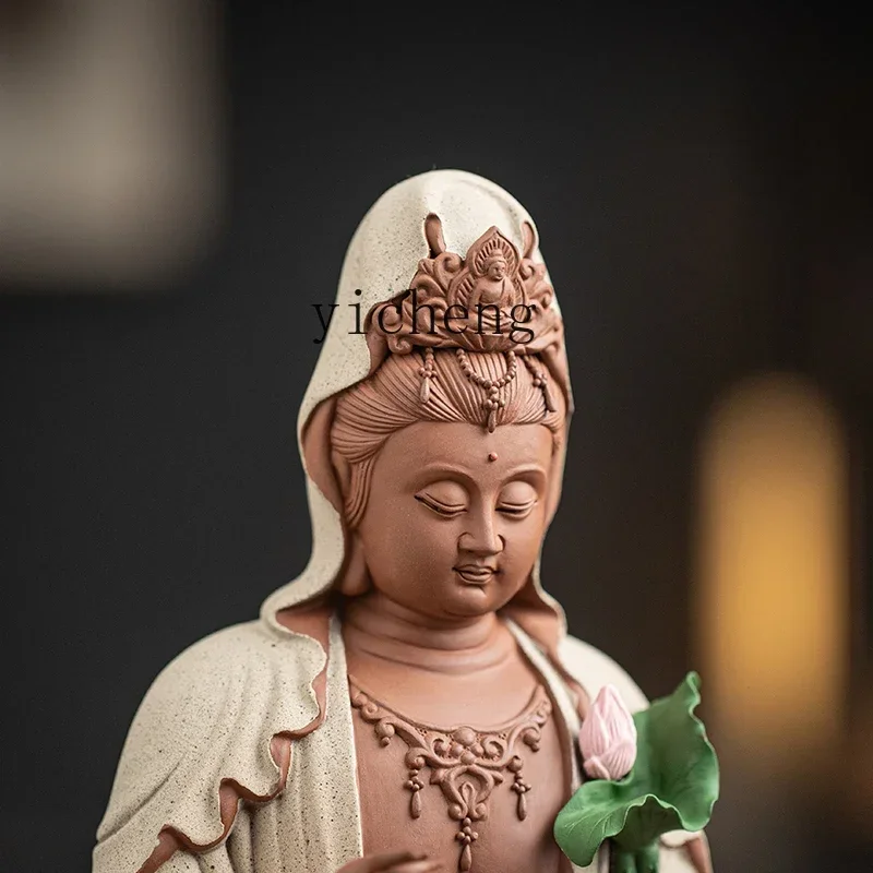 W28 Ceramic Lotus Guanyin Buddha Statue Ornament Home Living Room Entrance Zen Space Ornament Crafts