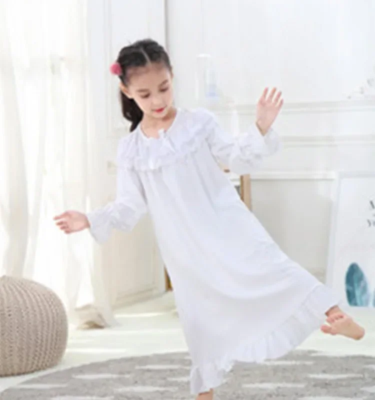 Girls Long Sleeve Nightgown Kids Pajamas White Pink Sleepwear 2024 Spring Fall 2-10-Years Children\'s Long Nightdress