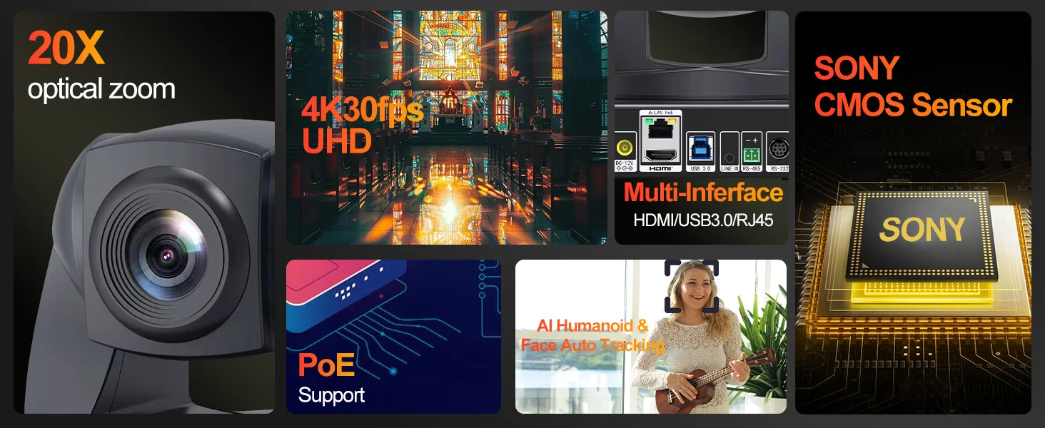 Runpu 4K/30fps Conference Camera PTZ Video 20X Zoom Ai Tracking Ptz NDI Camera USB HDMI LAN POE For Educate Live Business Meetin