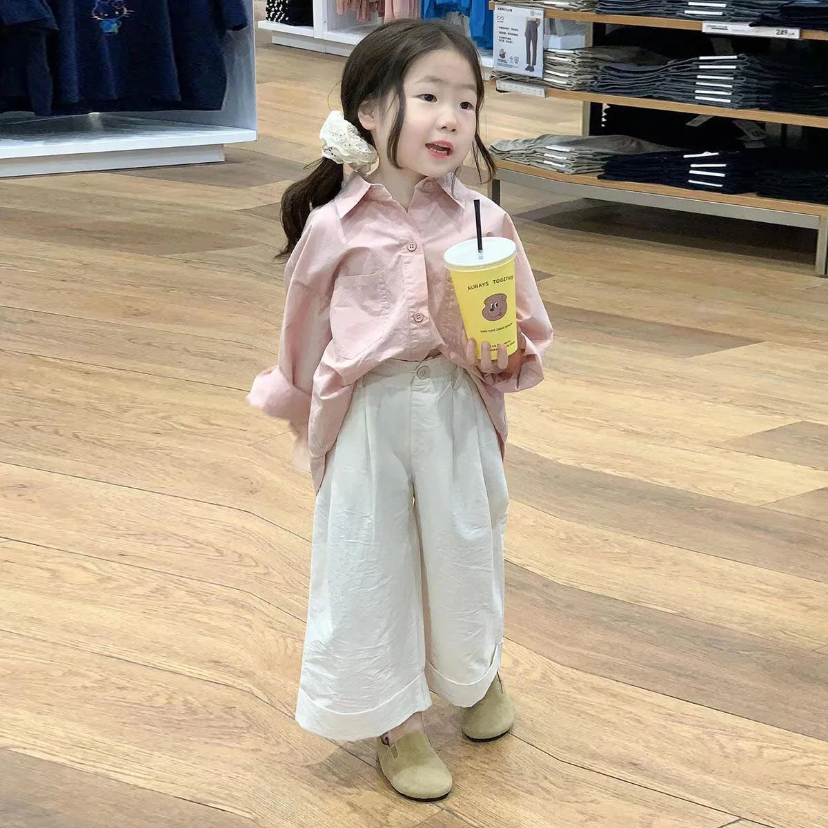 

Girls Set Spring and Autumn New Children's Solid Color Shirt+Wide Leg Pants Two-piece Set Korean Version Casual