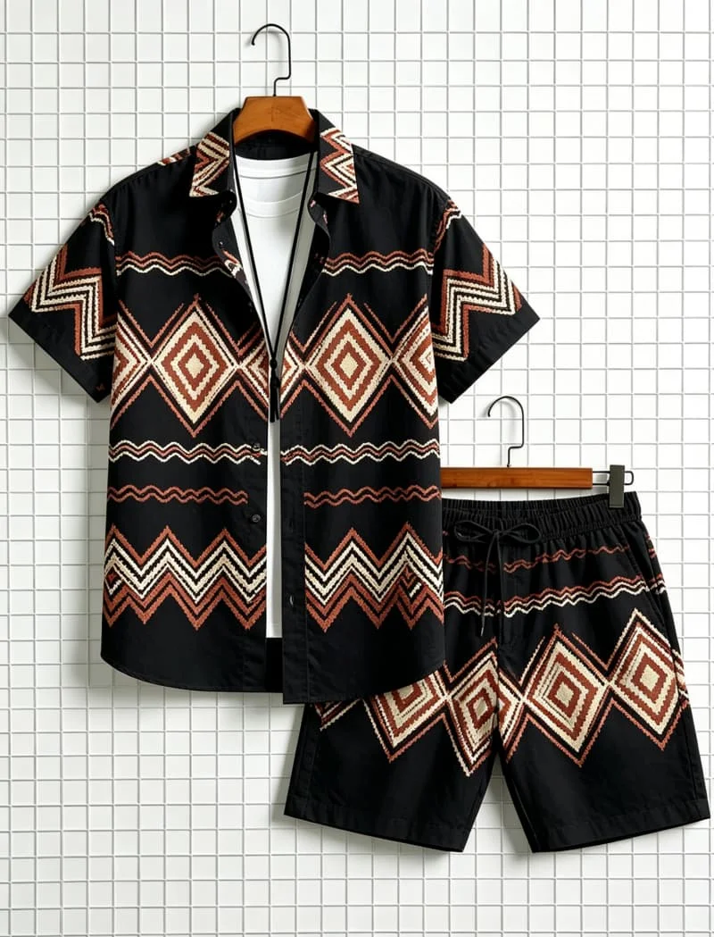 

Men's ethnic tribal patchwork printed short sleeved shirt and shorts set, for ethnic style vacation wear and daily casual wear