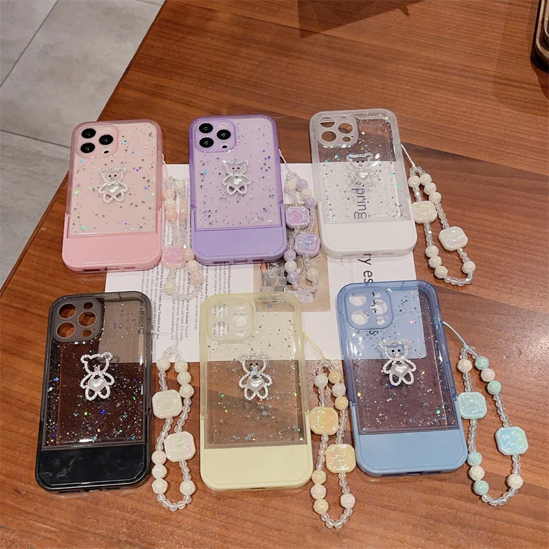 Luxury Bear Glitter Holder Candy Soft Lanyard Clear Jellewed Liquid Phone Case For iPhone 11 12 13 14 15 16 Plus Pro Max Cover