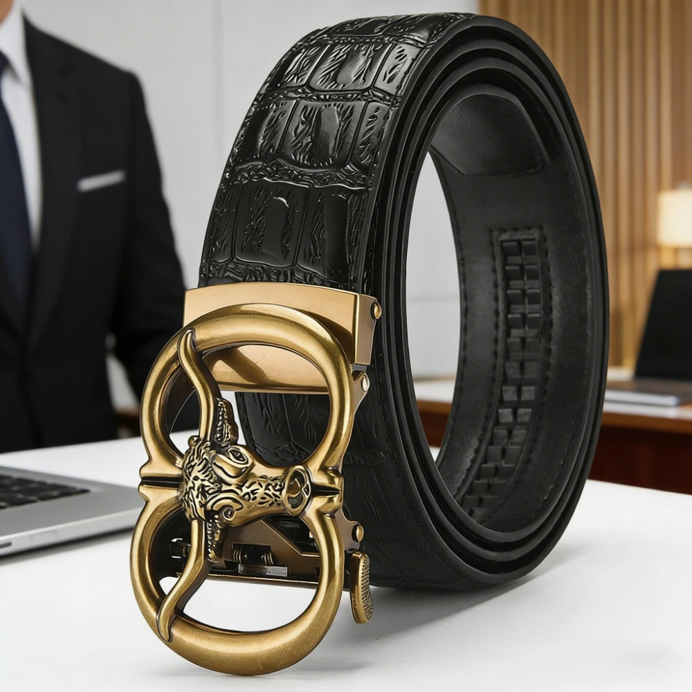 

Men's Flat Three-dimensional Cow Head Alloy Automatic Buckle Belt Imitating Crocodile Texture Belt Western Denim Style Belt
