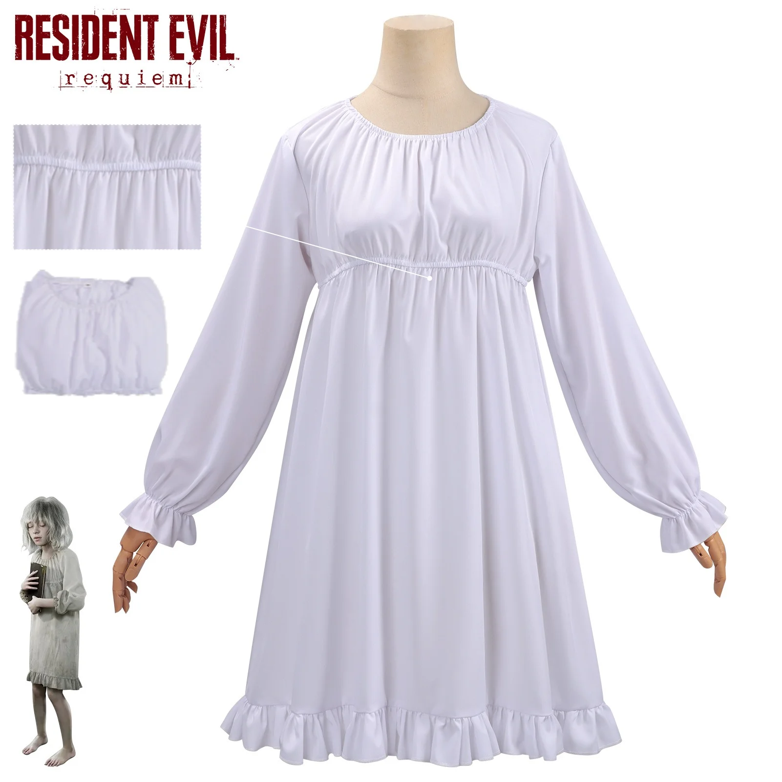 

Resident Evil 9 Requiem Emily Cosplay Costume White Nightdress Full Set Anime Outfit Halloween Dress Women Cute Outfit Halloween