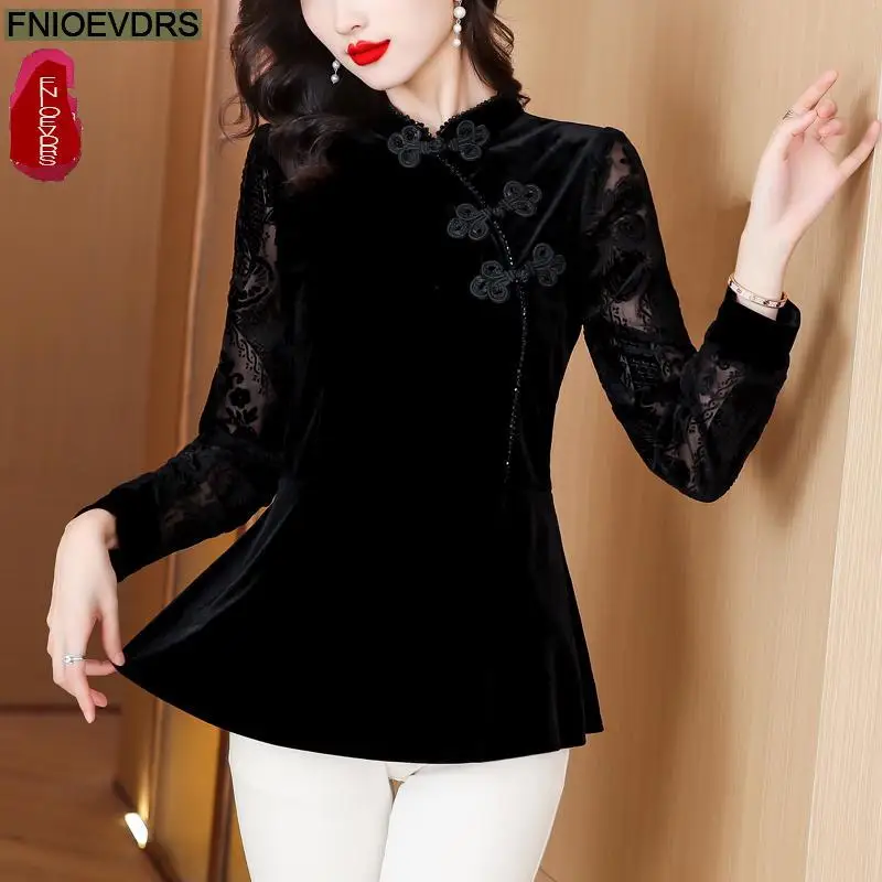 S-3XL Black Velvet Top Women Autumn Winter French Design Elegant Office Lady Work Button Shirt Casual Slim Retro Peplum Blouses