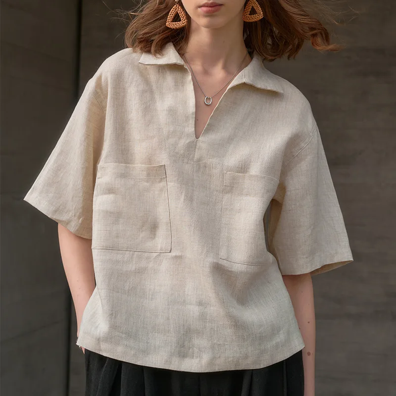 

Pure Linen irt Loose Fit V-Ne ort Sve Turn-down Collar Summer Sle Women's Breathable Comfortable Straight Cut Top