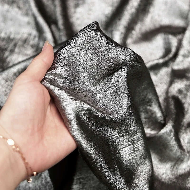 Fluorescent Silk Chiffon Special Hot Stamping Fabric Metallic Texture Silver Shiny Evening Dress Fashion Designer Fabrics