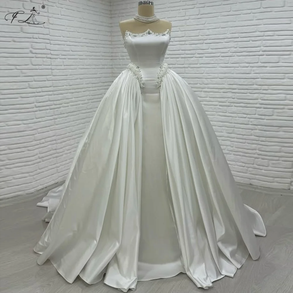 2026 White Wedding Dress With Pearls Crystal Satin Train Simple Vintage Style Princess Ball Gown Sweetheart Dress Customization