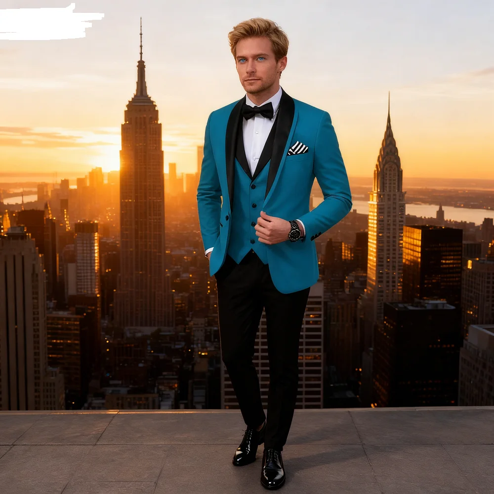 

Men's Casual Slim Fit Tuxedo 3-Piece Set - Solid Color Business Formal Suit with Shawl Lapel One-Button Blazer Vest Pants