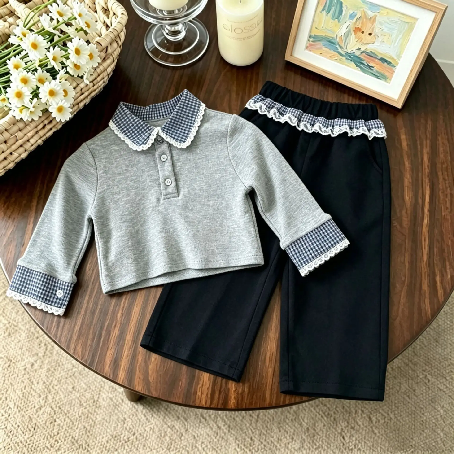 Girl Kids Autumn Baby Clothes Sets Pure Cotton Lapel Long Sleeve and Elastic Waist Wide Leg Pants Two Price Sets