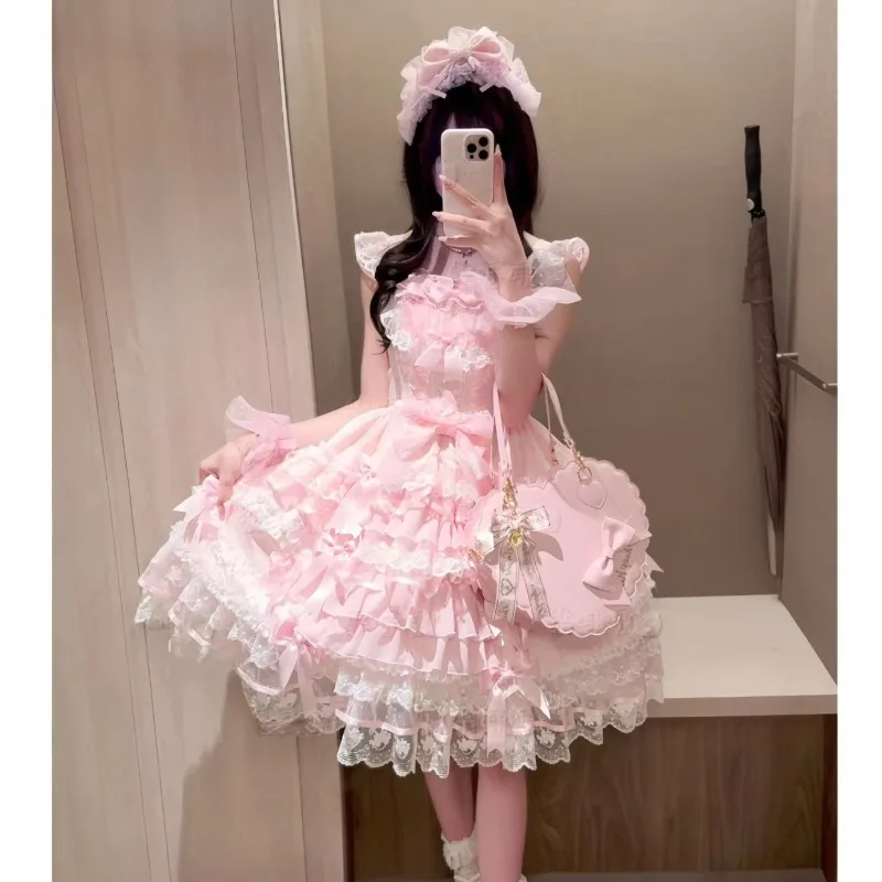 

Japanese Sweet Lolita Princess Lace Bow JSK Strap Dress Women Fairy Cute Kawaii Cake Dresses Evening Party Outfit Summer