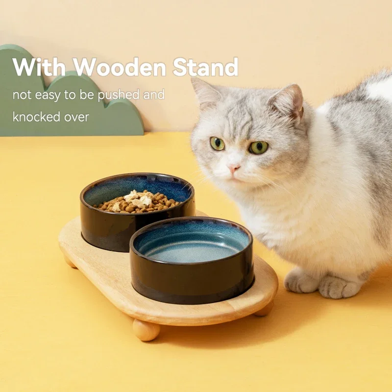 850ML Cat Ceramic Double Bowls Pet Food Water Feeding Supplies with Wooden Stand Small Medium Dogs Drinking Eating Feeders