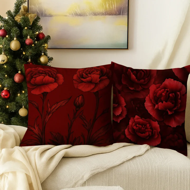 VIKAMA Red Peony Flower Christmas Decorative Pillow Cover Soft Throw Cushion Case for Sofa Bedroom Home 18x18 Inch