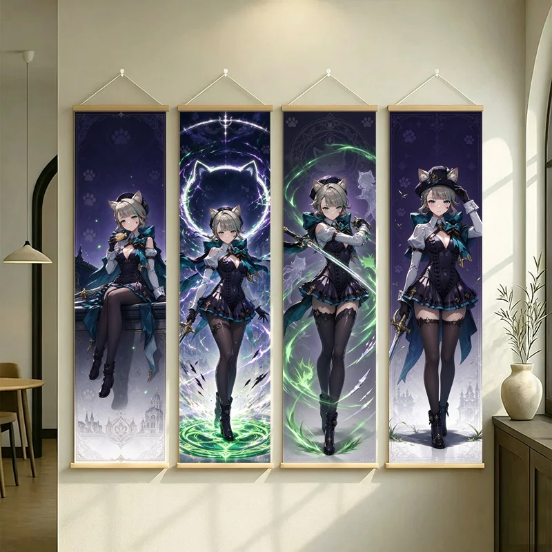 Hanging Scroll Wall Art of Genshin Impact Lynette with Dark Violet Magic on Silver Shimmer Canvas for an Anime Bedroom