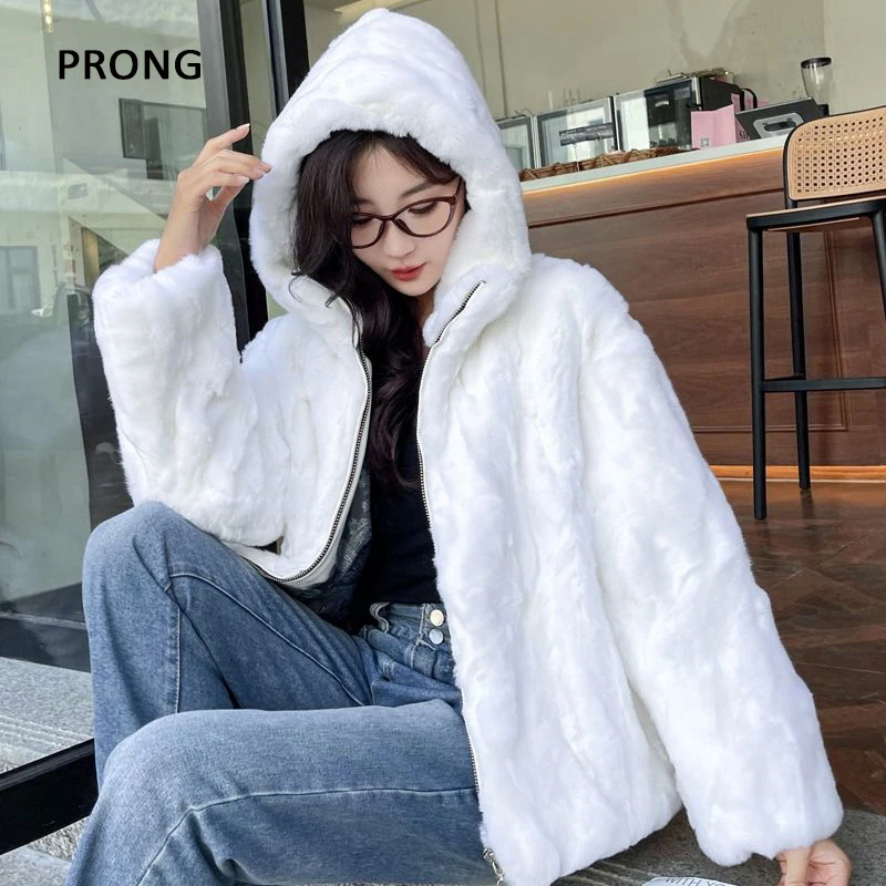 100% Real Rabbit Fur Coat Women Winter Loose Hooded Zipper Natural Fur Jacket Thick Warm Woman Clothing Female Furry Outerwears