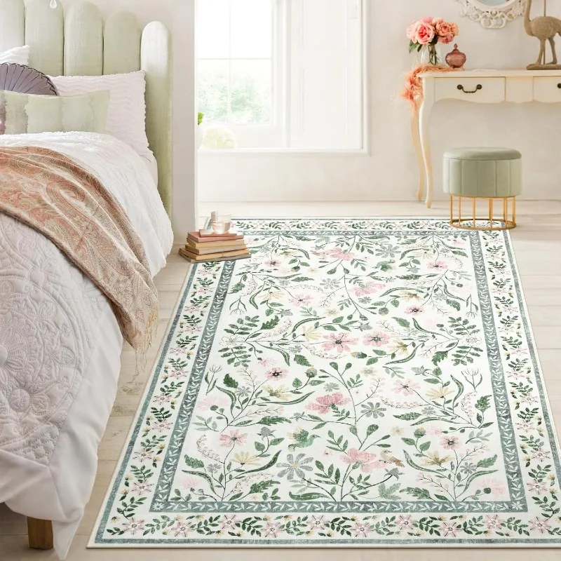 

Retro Floral Living Room Carpet High-end Creative Luxury Art Design Bedroom Rug Machine Washable Non-slip Coffee Table Mat Tapis