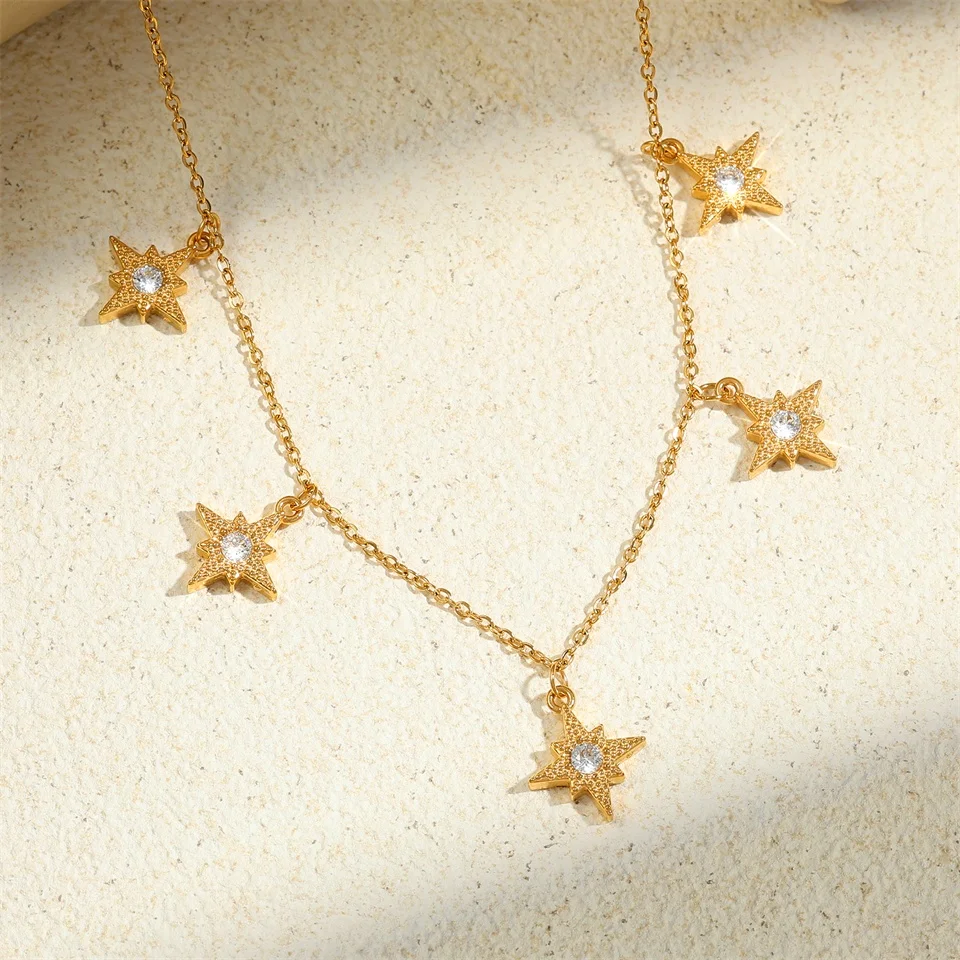 Fashion Five Eight-pointed Star Cubic Zirconia Stainless Steel Necklaces For Women Gold Color Necklace Party Daily Jewelry