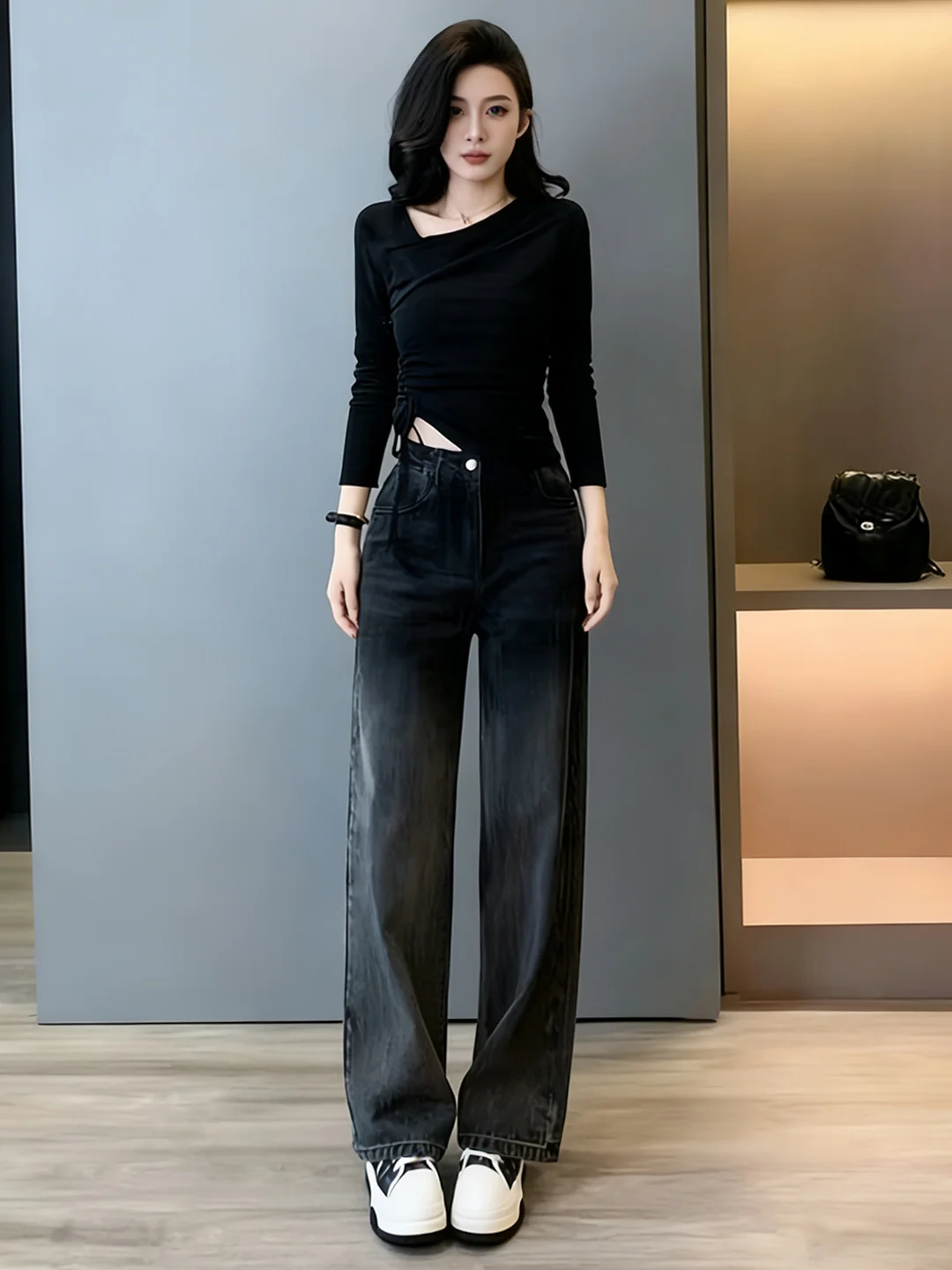 

Spring 2026 Women's Fashionable Long Sleeve Denim Wide Leg Pants Two-Piece Set High Waist Casual Style Universal Fit Pure Color