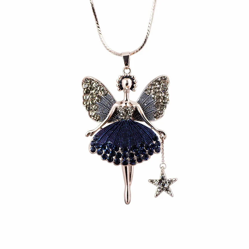 Lovely Angel Pendant Long Necklace For Women Grey Blue Crystal Sweater Chain