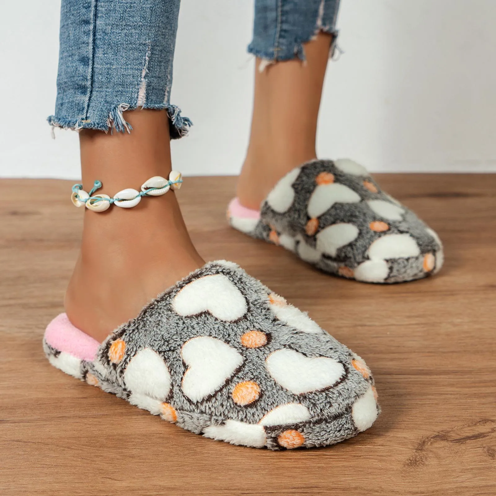 Couple Home Cotton Slippers Fashionable Non Positioning Love Star Print Home Toe Wrap Warm Slippers For Women Non Slip Shoes