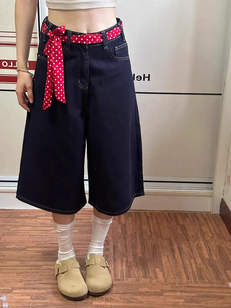 

Большие размеры, американские темно-синие джинсовые брюки на семь футов, женские свободные широкие брюки с высокой талией, узкие прямые брюки средней длины