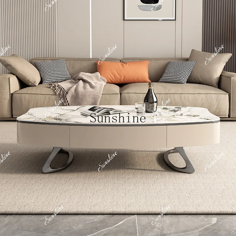 Light luxury minimalist rectangular special-shaped stainless steel villa home living room high-end rock slab coffee table  FT