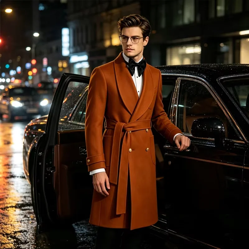 Luxury Men Wool Blend Overcoat Shawl Collar Belt Waist Design Double Breasted Gold Button Winter Business Formal Wedding Party