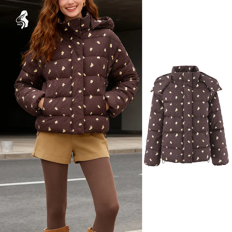 

Women's Casual Brown Floral Puffer Coat - Beige Flower Print, Detachable Hood Quilted Jacket, Warm Winter Outerwear