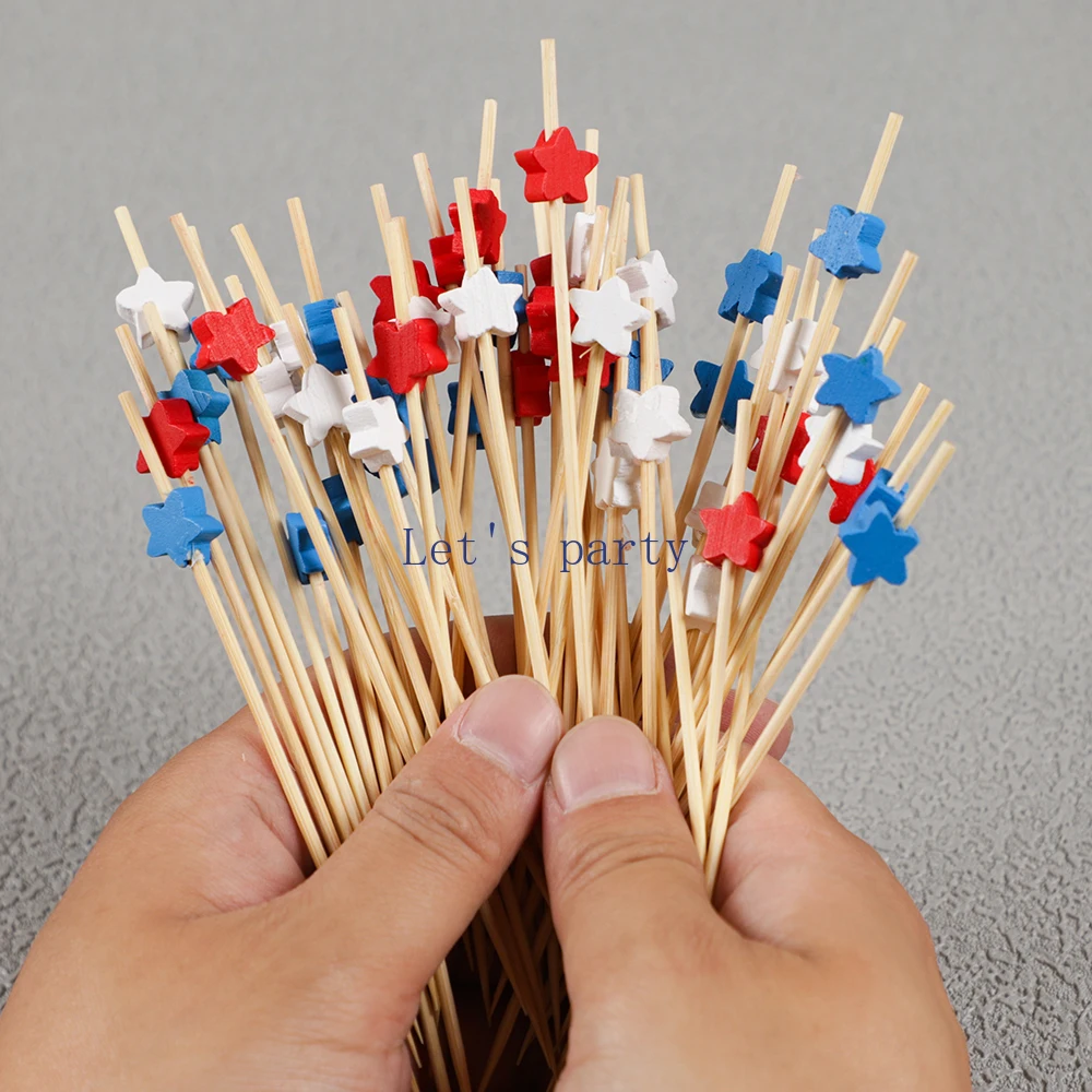 100Pcs Independence Day Theme Disposable Bamboo Food Picks Star Dessert Fruit Forks for 4th of July Birthday Party Decoration