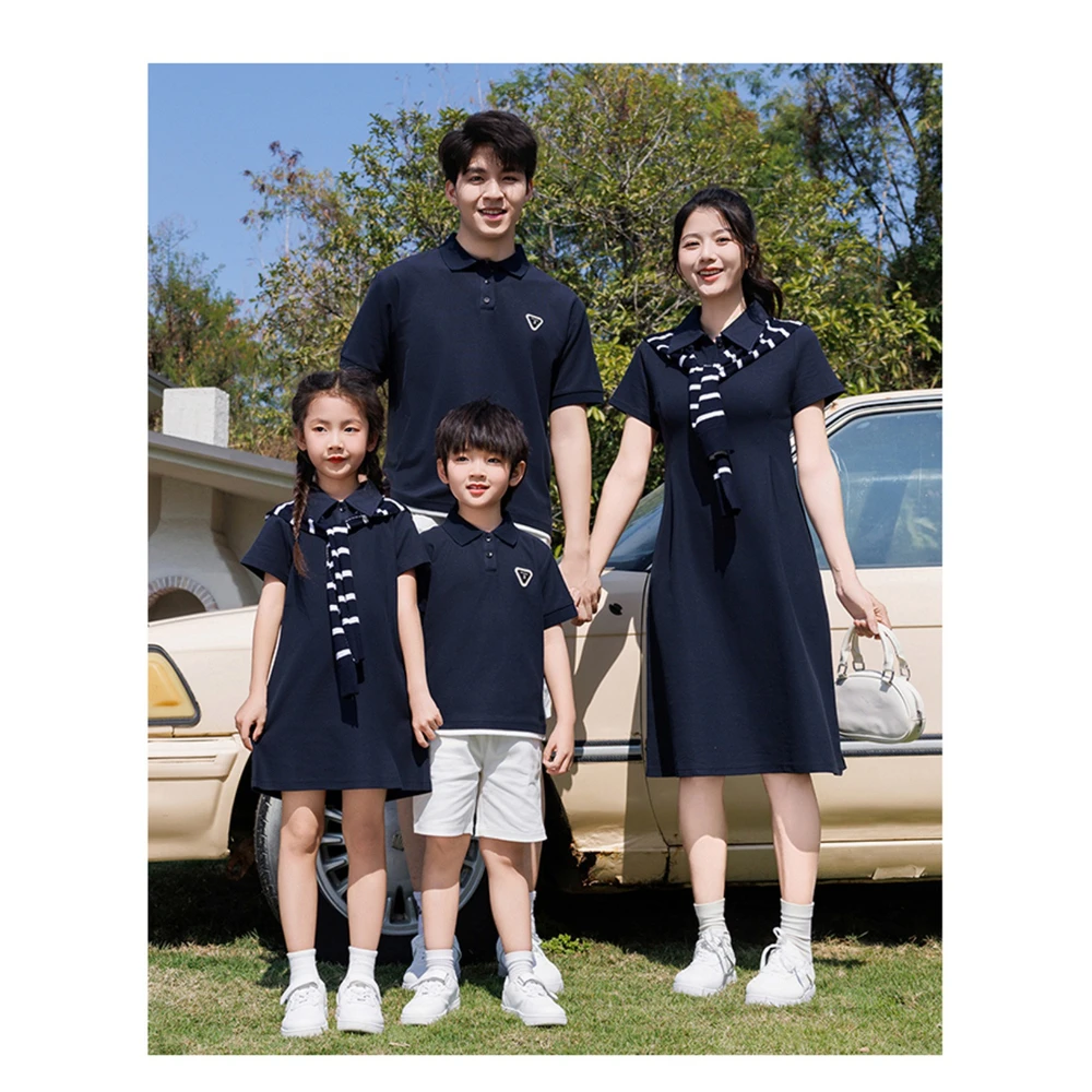 2026 Summer Family Matching Outfits Preppy Style Polo Shirt & Dress Set 3-4PCS Casual Family Look for Mom Dad Kids