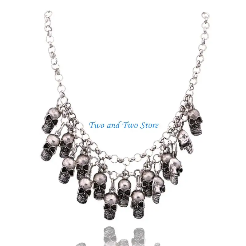 HX6F Statement Skull Pendant Necklace with Alloy Chain Drape for Gothic Styling