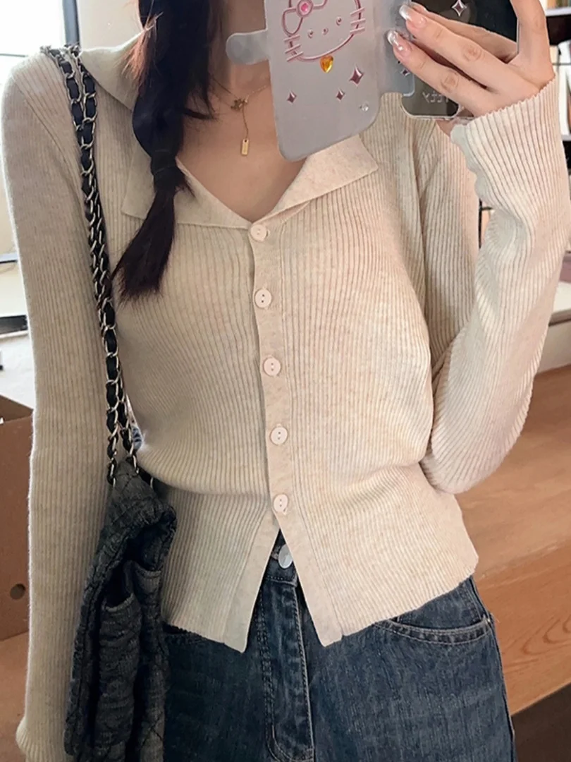

French Style Slim Fit Knitted Cardigan Women's Short Sleeve Long Sleeve Turn-down Collar Sweater Spring Autumn Base Layer Top